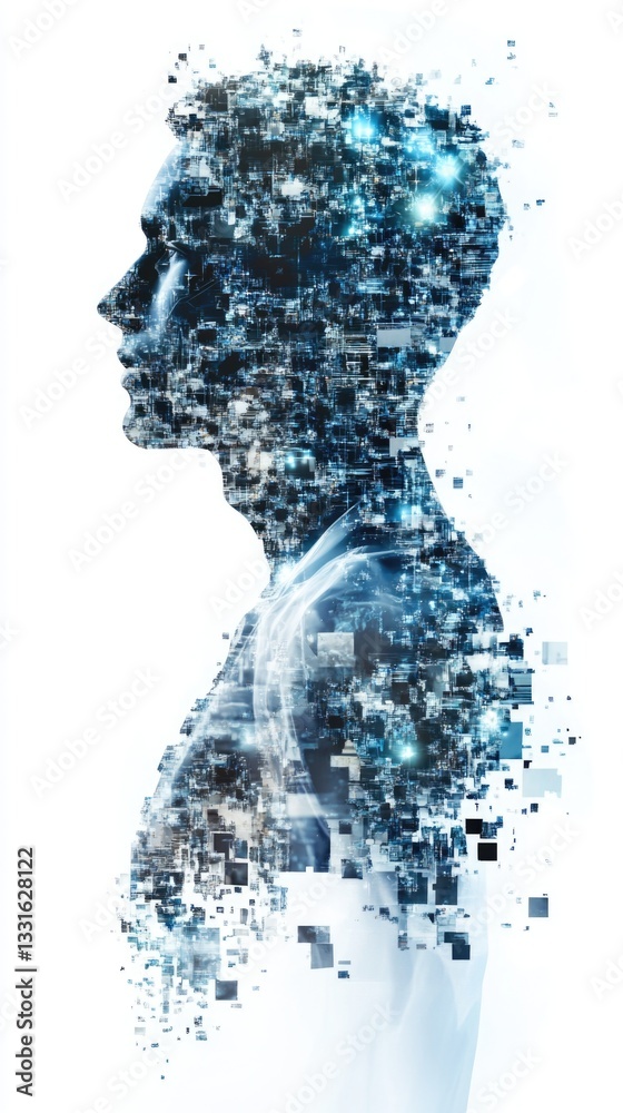 Poster a person's face with multiple blue square elements