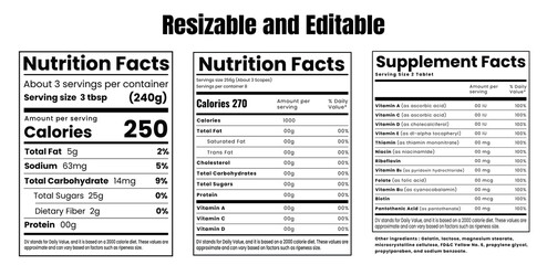 nutrition facts label  for vitamin and food content. Vector serving, fats and diet calories list for fitness healthy dietary supplement, protein sport nutrition facts