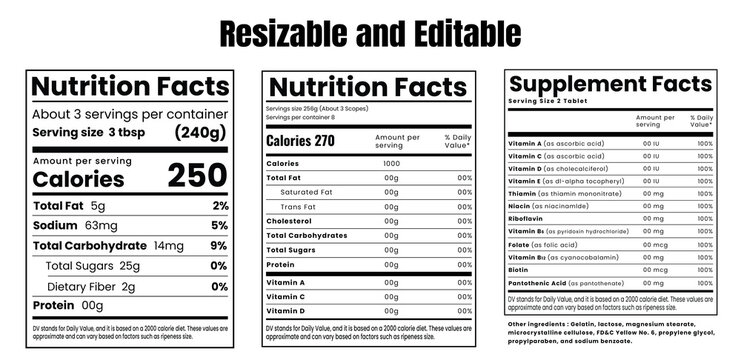 nutrition facts label  for vitamin and food content. Vector serving, fats and diet calories list for fitness healthy dietary supplement, protein sport nutrition facts