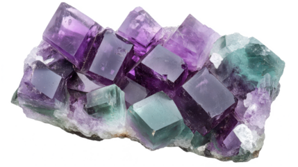 Exquisite Fluorite Mineral Specimen: A Symphony of Purple and Green Cubes, Showcasing Nature's Geological Artistry in a Macro Close-Up