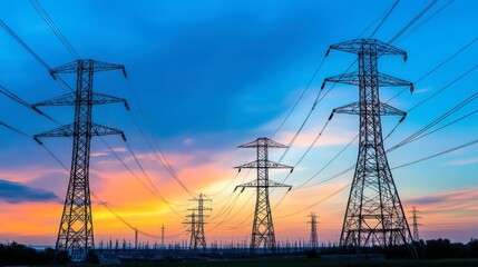 Fototapeta premium A power station with rows of electricity transmission towers stretching into the horizon.