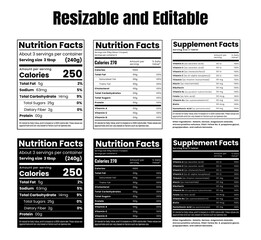 nutrition facts label  for vitamin and food content. Vector serving, fats and diet calories list for fitness healthy dietary supplement, protein sport nutrition facts