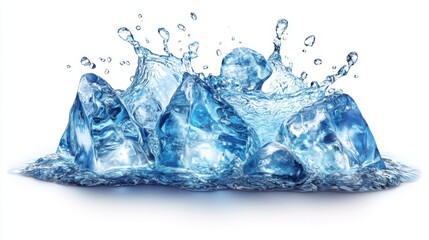 Fototapeta premium A cluster of translucent ice chunks is captured mid-splash against a white background, suggesting a burst of freshness, coldness, and dynamic movement.