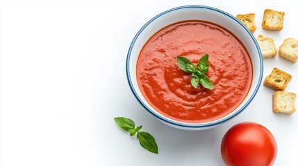 Fresh Tomato Soup with Basil and Croutons on White Background