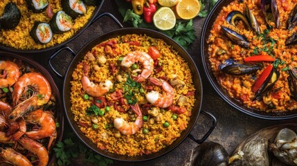 A selection of famous rice dishes from different regions, including Spanish paella, Japanese sushi, Indian biryani, and Thai sticky rice.