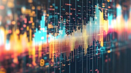 A bar graph symbolizing financial growth, set against a dark background, accompanied by various financial symbols and digital interfaces for an impactful design.