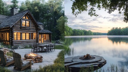 Obraz premium A rustic cabin and lake create a peaceful outdoor setting