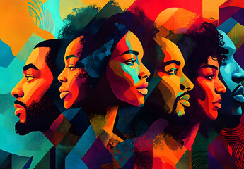 Abstract colorful background with different human faces. Contemporary art collage. Black history month juneteenth background