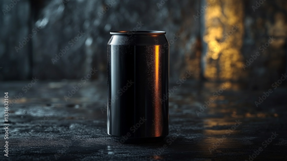 Poster A black beverage can stands upright on a textured surface, illuminated by soft lighting that highlights its sleek design. The dimly lit environment adds depth and intrigue.