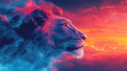 A majestic lion's head in profile, rendered with vibrant, cosmic colors and swirling smoke effects against a dramatic sunset sky. Ideal for fantasy, wildlife, and powerful, artistic imagery.