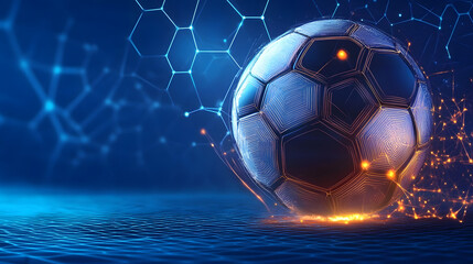 An illustration featuring a glowing soccer ball against a blue background with a hexagonal grid pattern.