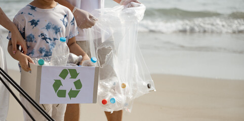 Asian family conservation recycle beach together. Father Protect environmental.