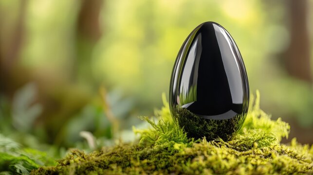 Black Obsidian Egg Rests On Mossy Ground