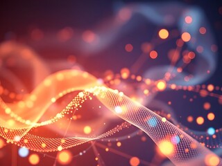 Abstract scientific DNA strand with glowing dots and wavy lines, futuristic background, digital art, concept.