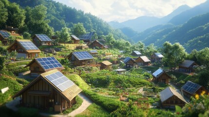 A small village powered by renewable energy sources, demonstrating a sustainable lifestyle.