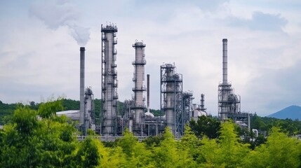 Fototapeta premium Industrial complex surrounded by greenery, featuring tall smokestacks and a cloudy sky.