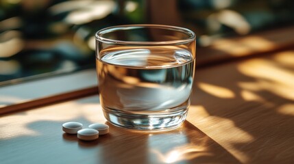 A clear glass filled with water and three round white pills sit on a wooden surface, with sunlight casting shadows and highlighting the simplicity of the scene.