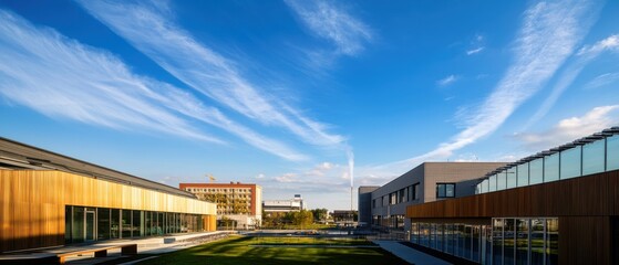 Obraz premium Modern architectural buildings with a clear blue sky and wispy clouds, showcasing a blend of glass and wood elements in a spacious setting.