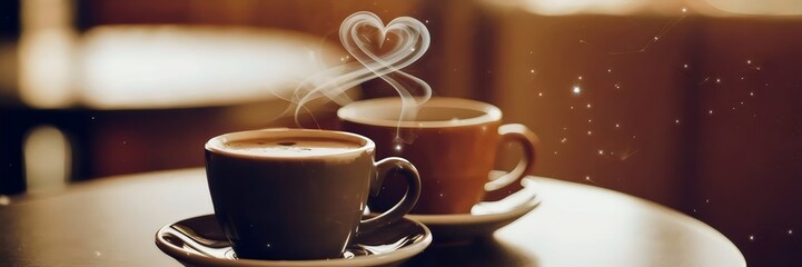 Fototapeta premium Two coffee cups on a café table with steam forming heart shapes – Perfect for coffee lovers, romance, or cozy moments