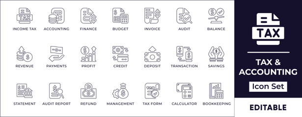 Minimalist line icon set for tax, accounting, bookkeeping, finance, invoicing, audits, financial reports, and business calculations.