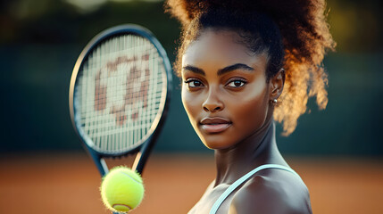 African American woman with tennis racket, horizontal, perfect for sports content, tennis clubs, fitness programs and athletic wear promotions. Ideal for tennis tournaments and sports equipment market