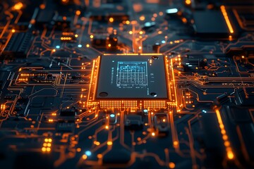 a highly detailed, futuristic depiction of a circuit board illuminated by cool blue and warm orange lights