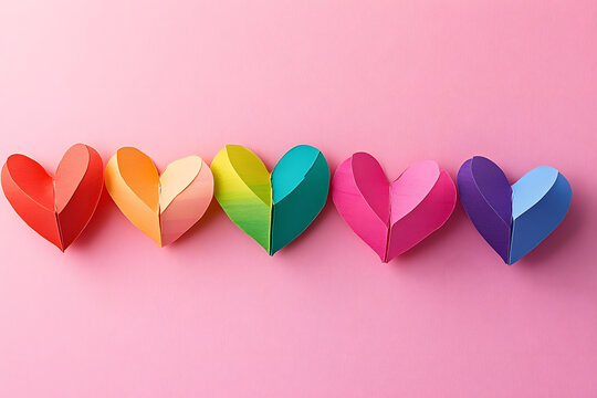 A flat lay top view of LGBT pride items: a rainbow colored paper hearts, placed on a pastel pink backdrop in line composition
