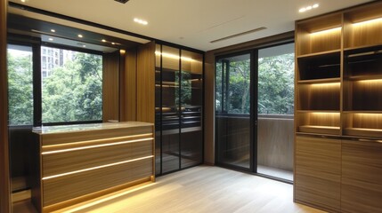 A contemporary space that incorporates a warm wood theme, sleek modern design elements, and glass wardrobe panels.