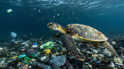 Fototapeta premium A turtle swimming near plastic debris, illustrating the impact of pollution on marine life.
