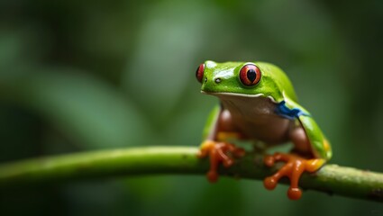 Naklejka premium Vibrant Green Tree Frog with Red Eyes Perched on Branch, Generative AI