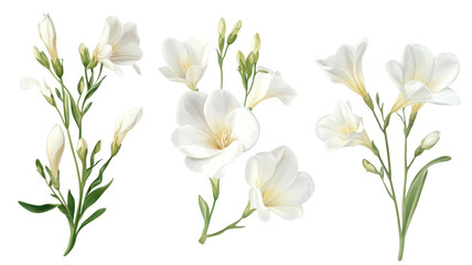 Delicate white freesias with buds and blooms arranged artistically for a fresh floral display