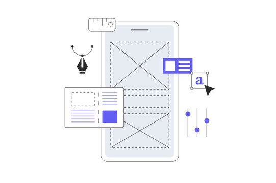 Web and app design concept. User Interface UI and User Experience UX content organization. Designer working on the designing of web page or mobile app. Flat Cartoon Vector Illustration, icon. Stylish 