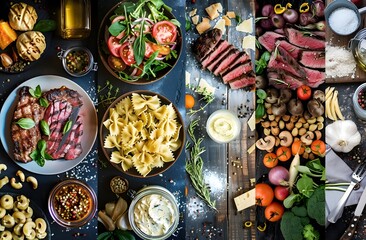 Fototapeta premium High Angle View of Colorful and Delicious Food Variety Collage: Steak, Pasta, Salad, Vegetables, Cheese