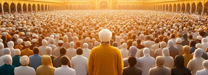 Golden Gathering: A majestic view capturing a vast congregation in an grand open space, with individuals united in purpose. A figure stands at the center, facing the sea of people.