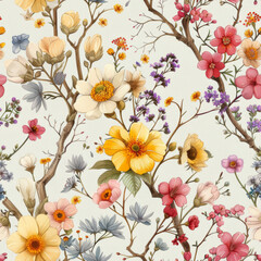 Hand-Drawn Floral Illustration - High Detail Botanical Artwork Seamless Hand-Drawn Floral Pattern - High Detail Botanical Design