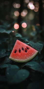 Fresh Slice of Watermelon on Lush Green Leaves, Dreamy Bokeh Background, Summer Refreshment Concept
