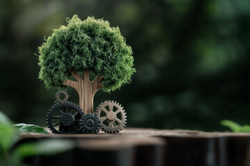 Miniature tree with lush green foliage and metallic clockwork gears on a wooden surface, blending nature and technology in a surreal composition.
