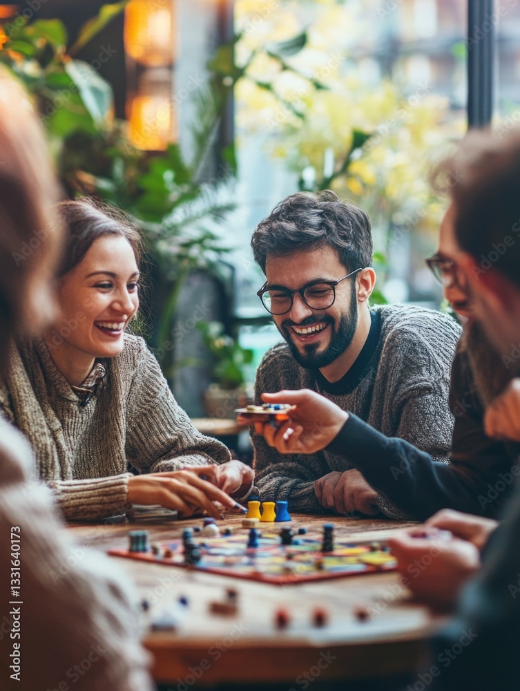 Poster people gathered around a table playing a board game or card game