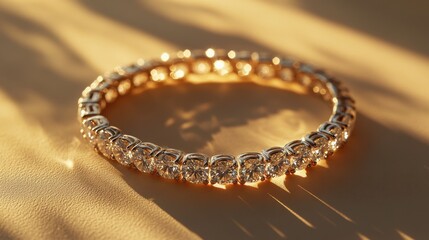 Close-up of a small diamond bracelet with round-cut stones, reflecting light and casting subtle shadows.