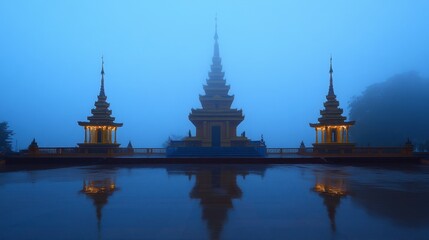 Early morning fog surrounding the stunning architecture of Khao Sukim Temple, creating a serene and mystical atmosphere.