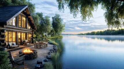 Obraz premium A lakeside cabin glows with warm light in a peaceful environment