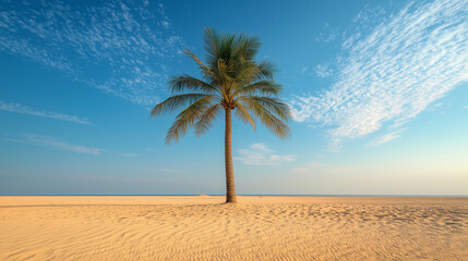 Hyper-Detailed Wide-Angle Shot of a Lone Palm Tree Standing Tall Against a Clear Blue Sky