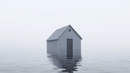 Minimalist house submerged in calm water.