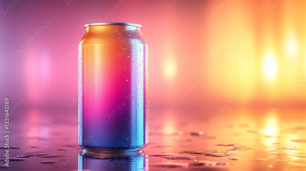 Aufkleber A beverage can stands on a reflective, wet surface. The background features colorful lights creating a lively atmosphere typical of nighttime in an urban environment.