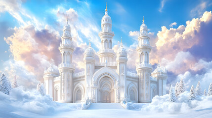 Majestic white castle in a winter wonderland