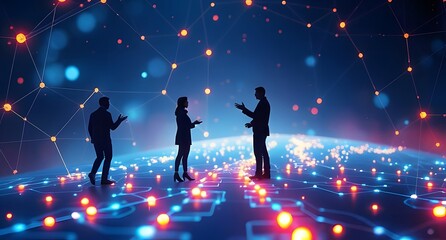 Business Team Brainstorming with Network Data Visualization Tech Innovation and Collaboration.