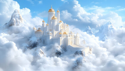 Majestic white castle perched atop snowy mountain peaks, floating amidst fluffy clouds