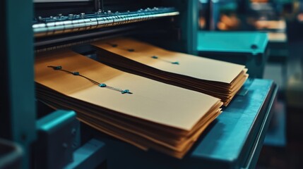 Office documents stacked on a machine with buttons and controls