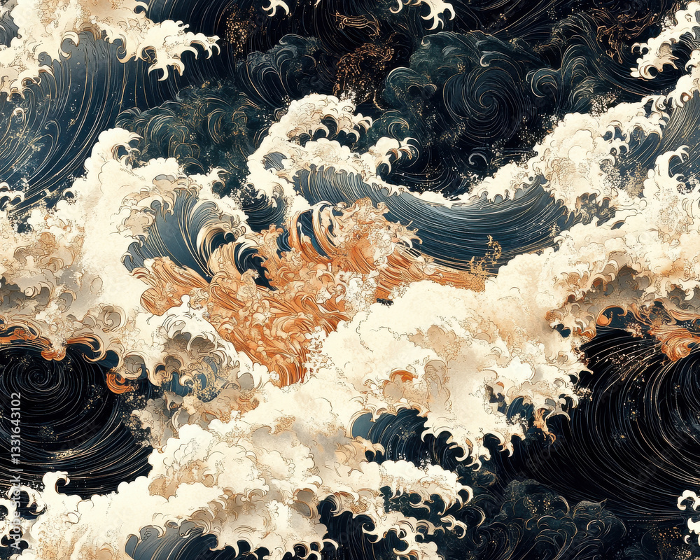 Wall mural seamless pattern japanese inspired ocean waves with intricate swirling patterns and dynamic energy, 