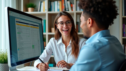 A cheerful accountant explaining tax deductions to a client in a modern office. A computer screen displays tax return details, and the background features bookshelves filled with financial guides
